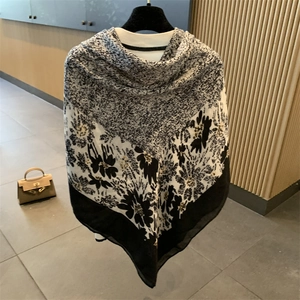 French style cotton linen scarf with black and white floral print and gray texture