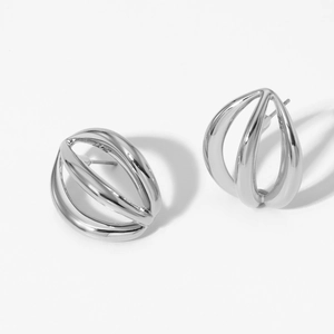 Modern hollow 3D geometric cage stud earrings in polished silver finish for women
