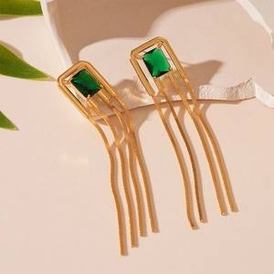 Elegant gold fringe earrings with green square zircon stone in a geometric frame