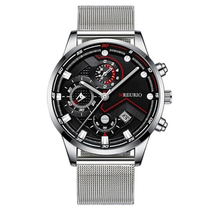 Men's business watch with silver stainless steel mesh strap and racing-style black dial