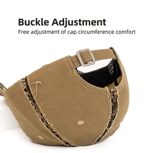 Distressed khaki washed cotton baseball cap with raw edges and adjustable metal buckle