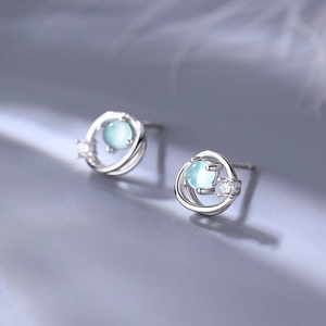 Planet Saturn Stud Earrings Copper Plated With Blue Stone And Cubic Zirconia Minimalist Orbit Style Jewelry For Women