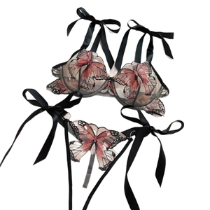 Sexy mesh lingerie set with butterfly embroidery and ribbon bows on white background