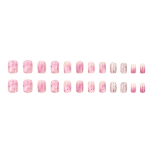 Pink camellia short press-on nails with glitter accents and 24 piece gradient design