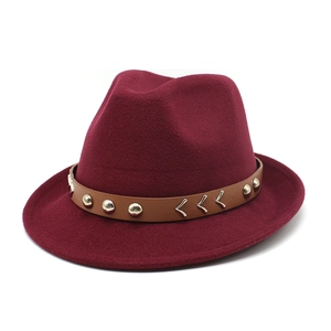 Classic burgundy wool felt fedora hat featuring a brown leather band and gold V-buckle
