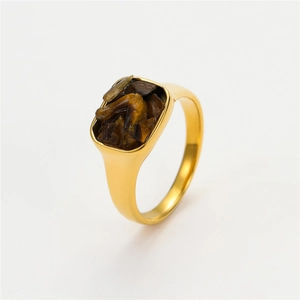 Vintage French style gold stainless steel ring featuring inlaid brown tiger eye stones