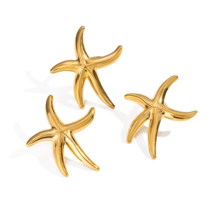 Polished 18K gold plated stainless steel starfish stud earrings and open ring set