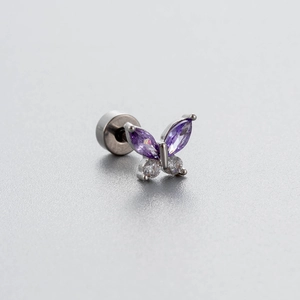 Titanium steel butterfly cartilage stud with purple and white zircon crystals