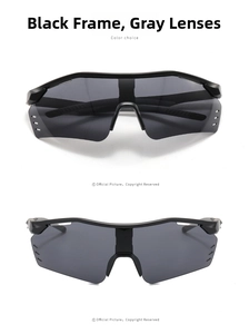 Detail view of black frame cycling glasses with grey lens and anti-fog side vents