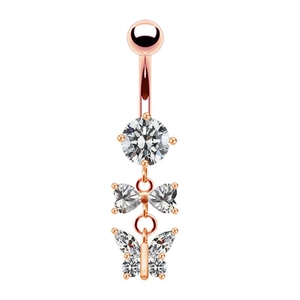 Piercing de nombril papillon or rose avec zircons blancs et design vertical à trois niveaux