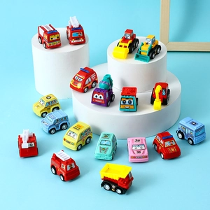 Detailed overhead view of various cartoon toy vehicles displayed on white podiums