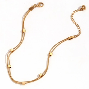Double-layer 18K gold-plated snake chain bracelet with square beads and adjustable clasp