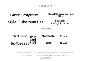 Size chart and fabric details for breathable outdoor sun hat with 58cm circumference