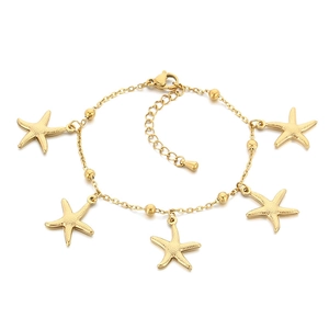 Gold stainless steel starfish and seashell ocean style bracelet with extension chain