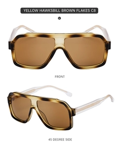Detail view of square tortoiseshell sunglasses with brown lenses from front and side angles
