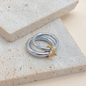 Vintage Elegant Stainless Steel Interlocking Double Rings Geometric Gold Silver Plated Fashion Jewelry Finger Ring US Size 8