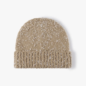 Winter khaki knitted beanie with white snowflake plush texture and folded brim