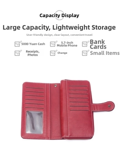 Detail view of red leather long wallet interior showing multiple card slots and capacity