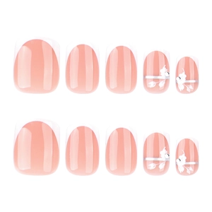 Short square press-on nails with white French tips, floral patterns and tiny pearl accents