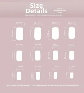 Size guide for medium square press-on nails featuring 24 pieces in 12 different sizes