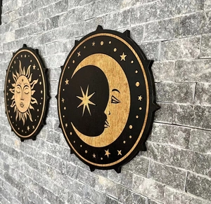 Minimalist wooden sun and moon wall art set in black and natural wood finish