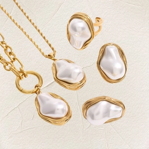 Golden stainless steel jewelry set with irregular baroque pearls necklace ring earrings