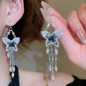 Boucles D'oreilles Gland Papillon Avec Tige En Argent Fin 925 Cristal Bleu Cuivre Verre Longues Pendantes Bijoux Élégants Pour Femmes