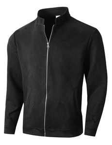 Detail of black faux suede bomber jacket showing metal zipper and standing collar