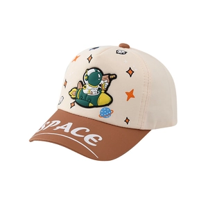 Kids baseball cap in beige and brown featuring a cartoon astronaut and space print