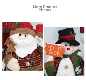 Close-up of Santa and snowman plush figurines with knitted textures and festive details
