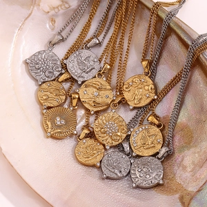 Artistic layout of vintage gold and silver coin necklaces with tarot relief and rhinestones