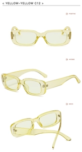 Detailed multi-angle views of yellow translucent rectangular sunglasses with wide temples