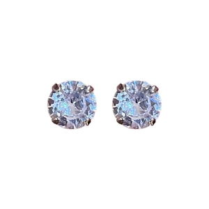 Pair of sparkling round zircon stud earrings with classic four-prong silver setting