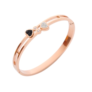 18K gold plated stainless steel hollow heart bangle with black and white rhinestones