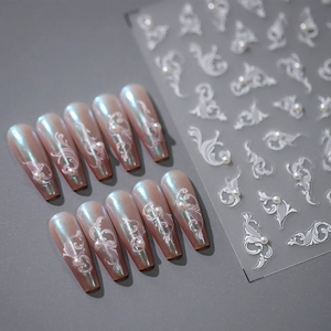 5D Nail Art Stickers White Baroque Filigree Faux Artificial Pearl 3D Embossed Self-Adhesive Ultra Thin Elegant Wedding Manicure Decals