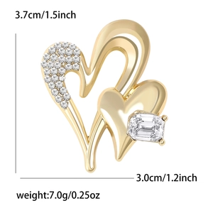 Elegant gold double heart brooch with sparkling crystals and emerald-cut gemstone