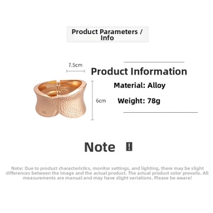 Detailed view of hammered gold cuff bracelet with 7.5cm width and 78g weight specs