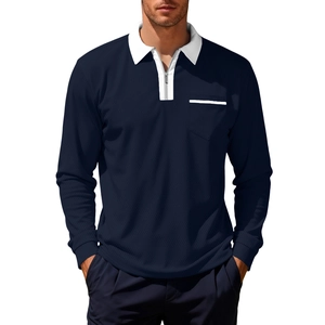 Men's long sleeve polo shirt in navy blue with white contrast collar and zipper detail