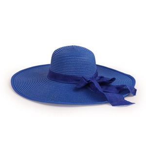 Detailed view of high-density straw weave texture and blue ribbon bow on the sun hat