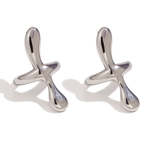 Minimalist silver cross ear clips with high-gloss liquid metal finish for women