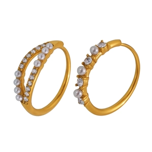 Gold-plated hoop earrings with cubic zirconia and pearls shown on a white background