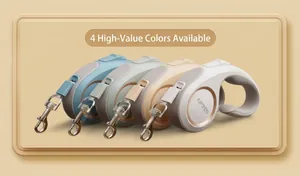 Detail view of colorful automatic retractable dog leashes with metal hooks