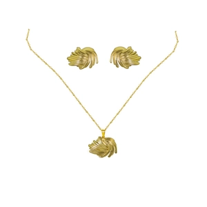 Golden jewelry set with textured leaf pendants including elegant necklace and earrings