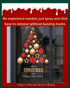 Stickers de Noël montrant un sapin formé de boules rouges et dorées sur une vitre