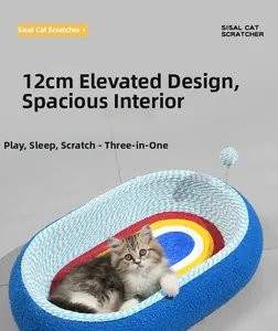 Deep sisal cat scratcher bowl with blue velvet trim and spring interactive toy ball