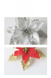 Close-up of glittery silver and red artificial poinsettia flowers for Christmas DIY decor