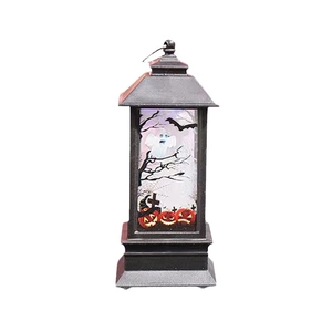 Halloween decorative lantern with black frame featuring ghosts, pumpkins, and bats motifs