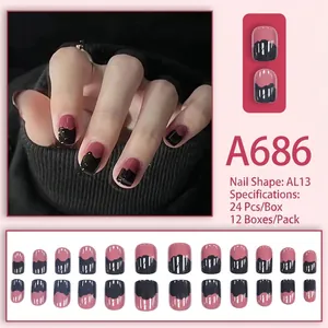 Short round press-on nails in pink and grey mix, set of 24 pieces for manicures
