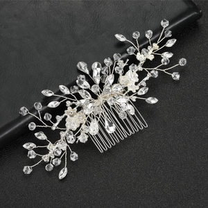 Peigne à cheveux de mariée argenté avec fleurs en strass et perles de cristal
