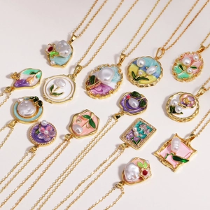 Enamel Flower Pendant Necklace With Freshwater Pearl Vintage Oil Painting Style Copper Gold Plated Jewelry For Women